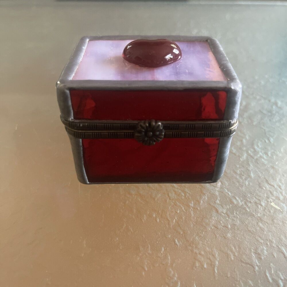 Heart Stained Glass Hinged Trinket Box Red Pink Vintage Silver Accent 2.5” X 2”
